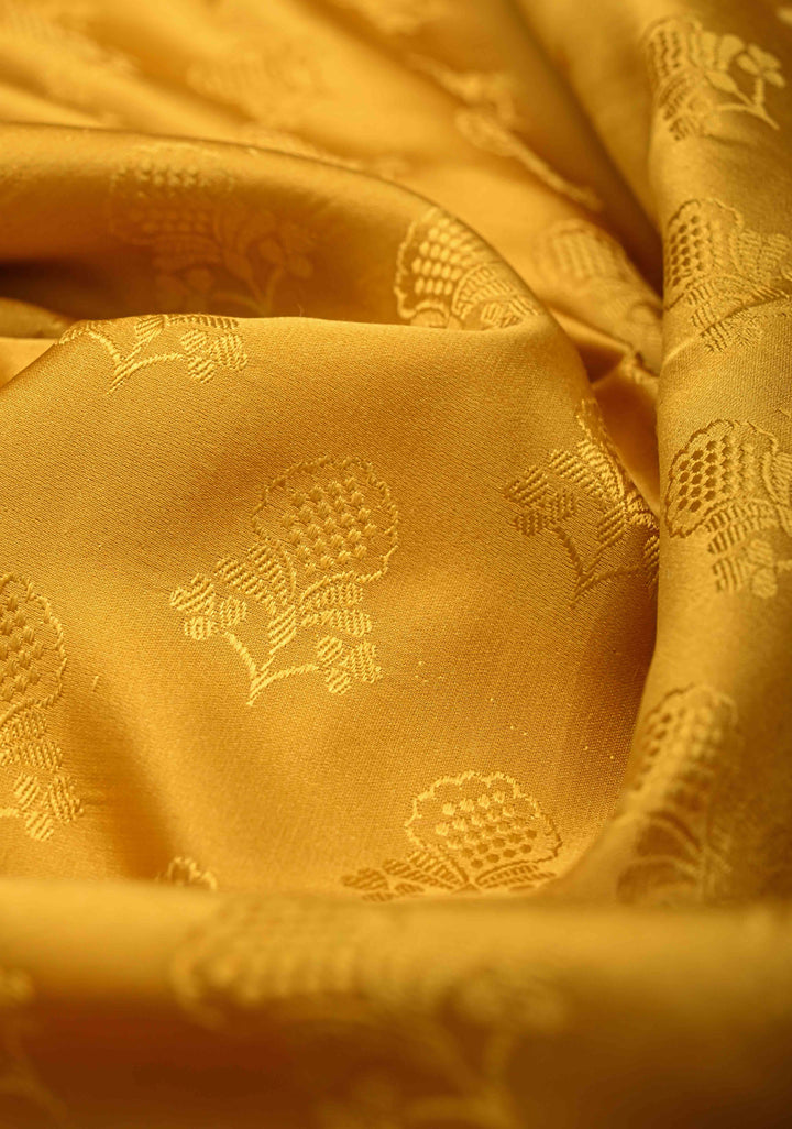 Yellow Tanchoi Floral Self Brocade Banarasi Silk Saree in Pure Silk Satin and Zari Border | SILK MARK CERTIFIED