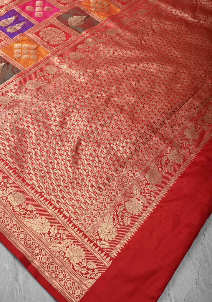 Exquisite Multicolor Rangkaat Design on Banarasi Katan Silk Saree with Geometric Brocade and Zari Border | SILK MARK CERTIFIED