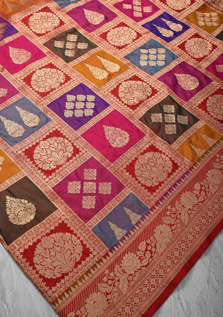Exquisite Multicolor Rangkaat Design on Banarasi Katan Silk Saree with Geometric Brocade and Zari Border | SILK MARK CERTIFIED