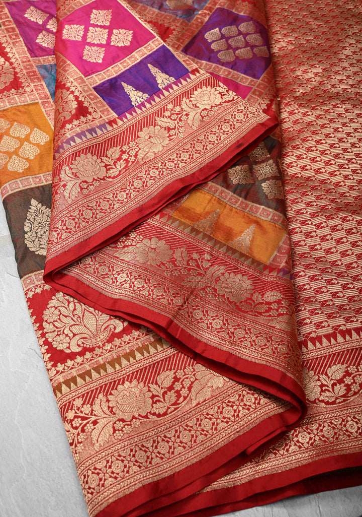 Exquisite Multicolor Rangkaat Design on Banarasi Katan Silk Saree with Geometric Brocade and Zari Border | SILK MARK CERTIFIED