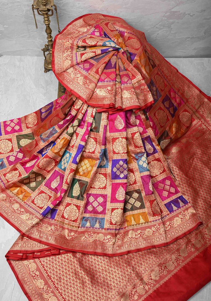 Exquisite Multicolor Rangkaat Design on Banarasi Katan Silk Saree with Geometric Brocade and Zari Border | SILK MARK CERTIFIED