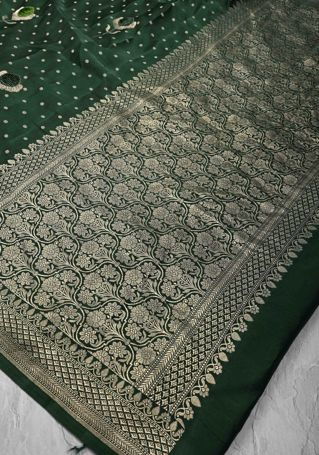 Bottle Green Meenakari Velvet Weaving Pure Mashru Silk Saree with Floral Zari buttas and Zari Border |  SILK MARK CERTIFIED