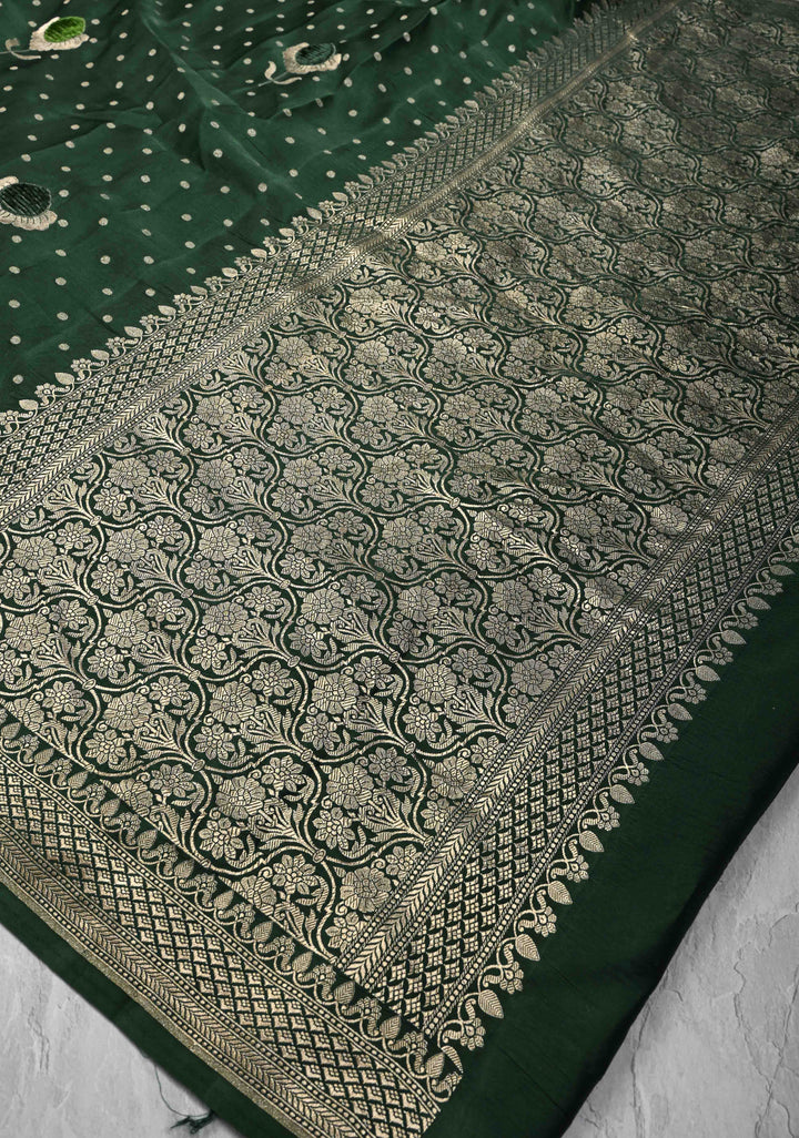 Bottle Green Meenakari Velvet Weaving Pure Mashru Silk Saree with Floral Zari buttas and Zari Border |  SILK MARK CERTIFIED