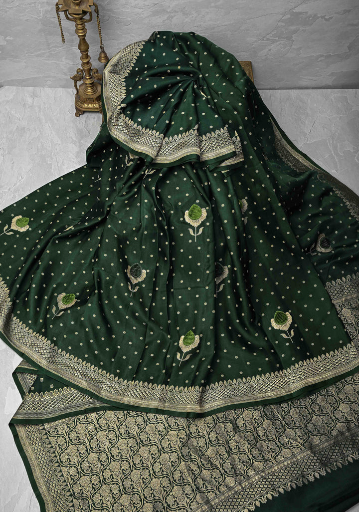 Bottle Green Meenakari Velvet Weaving Pure Mashru Silk Saree with Floral Zari buttas and Zari Border |  SILK MARK CERTIFIED