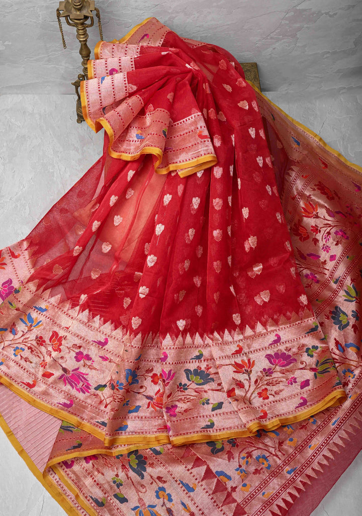 Exqusite Banarasi Red Net Saree with Zari Butta Paithani Style Skirt Border