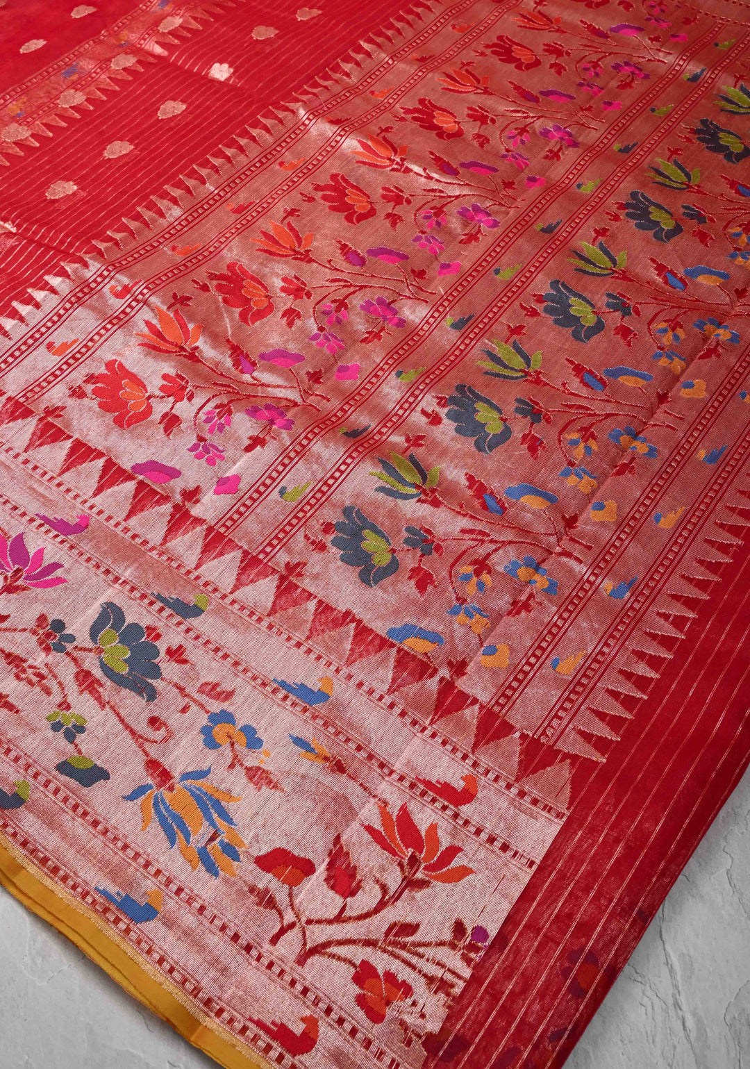 Exqusite Banarasi Red Net Saree with Zari Butta Paithani Style Skirt Border