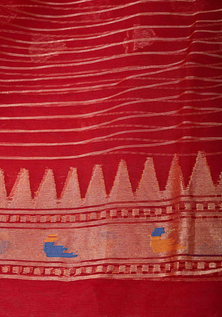 Exqusite Banarasi Red Net Saree with Zari Butta Paithani Style Skirt Border