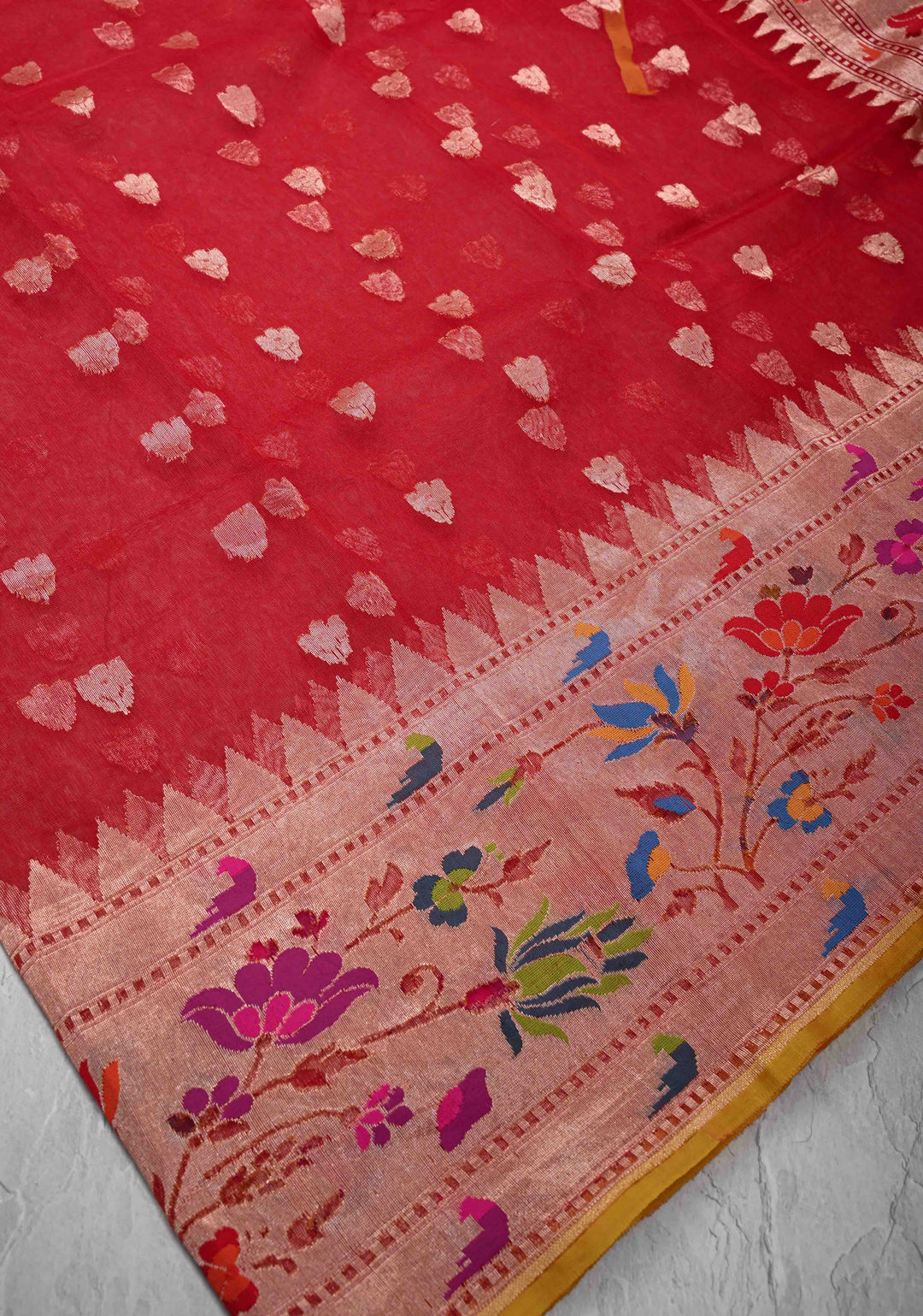 Exqusite Banarasi Red Net Saree with Zari Butta Paithani Style Skirt Border