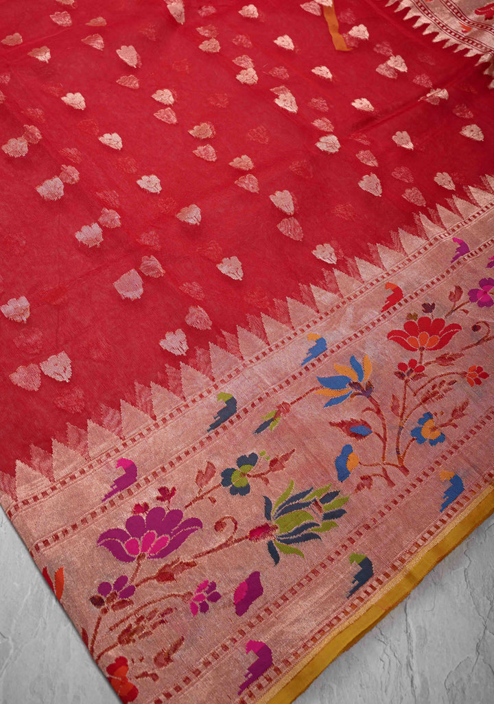 Exqusite Banarasi Red Net Saree with Zari Butta Paithani Style Skirt Border