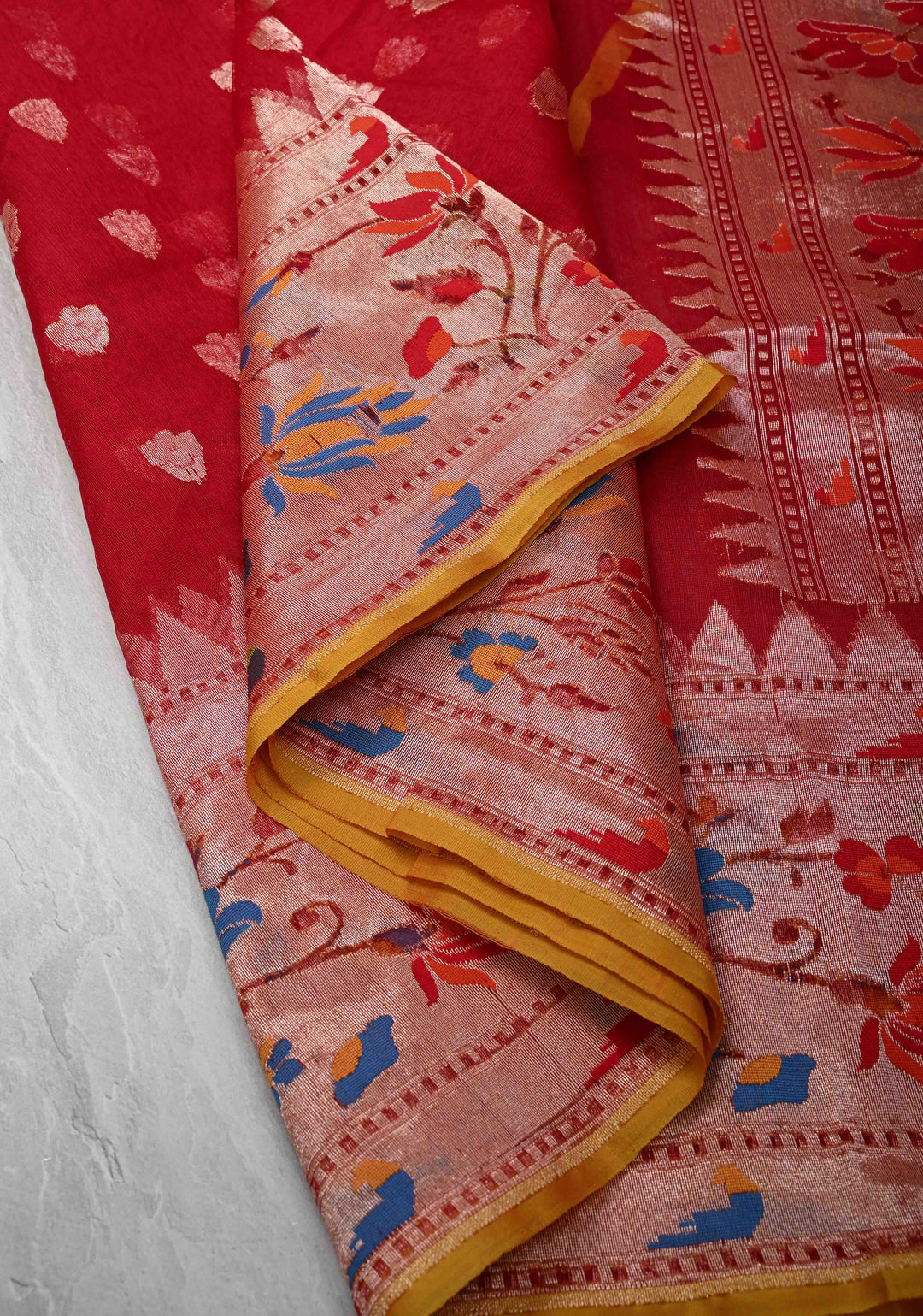 Exqusite Banarasi Red Net Saree with Zari Butta Paithani Style Skirt Border