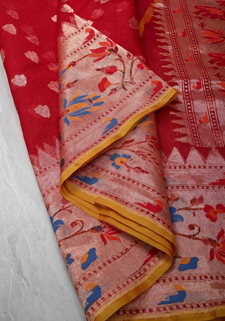 Exqusite Banarasi Red Net Saree with Zari Butta Paithani Style Skirt Border