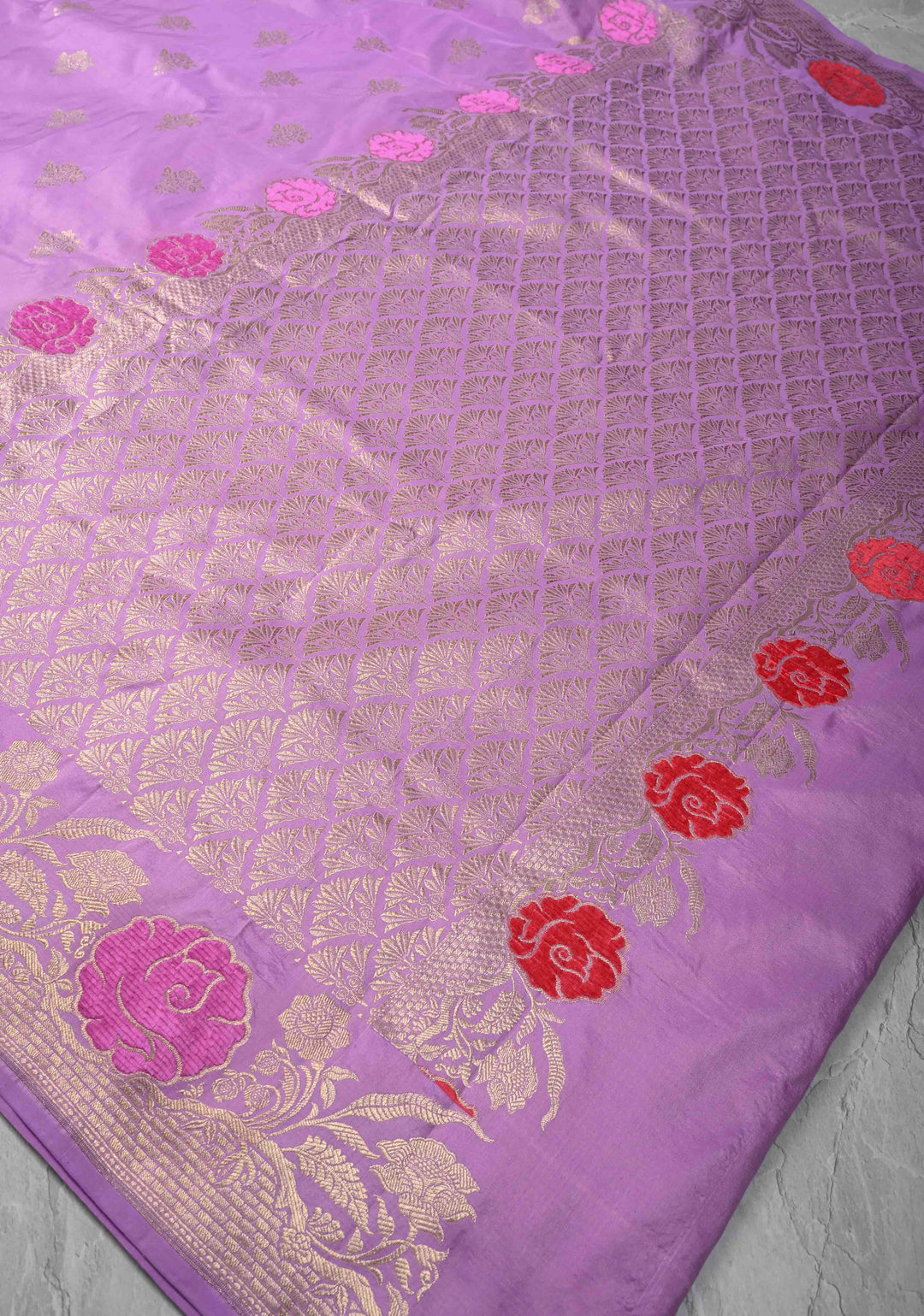 Lavender Mashru Silk Saree with Zari Buttas and Velvet Meenakari Floral Weaving on Border |  SILK MARK CERTIFIED