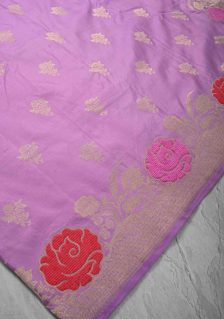 Lavender Mashru Silk Saree with Zari Buttas and Velvet Meenakari Floral Weaving on Border |  SILK MARK CERTIFIED