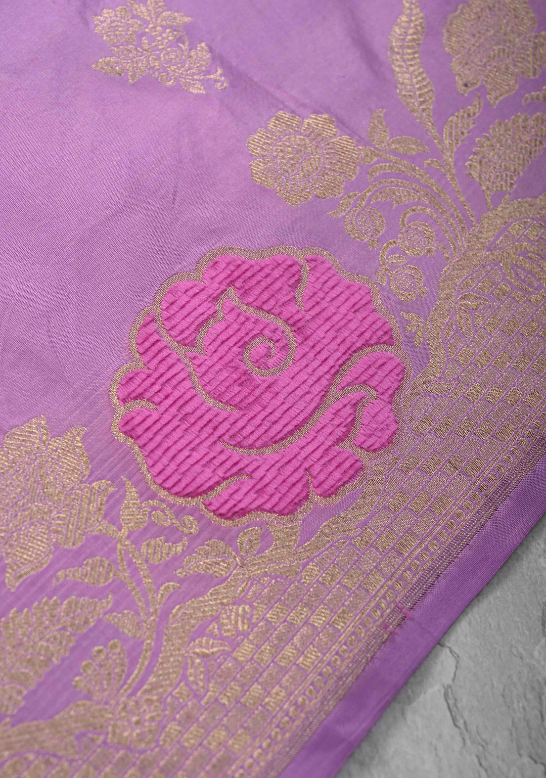 Lavender Mashru Silk Saree with Zari Buttas and Velvet Meenakari Floral Weaving on Border |  SILK MARK CERTIFIED