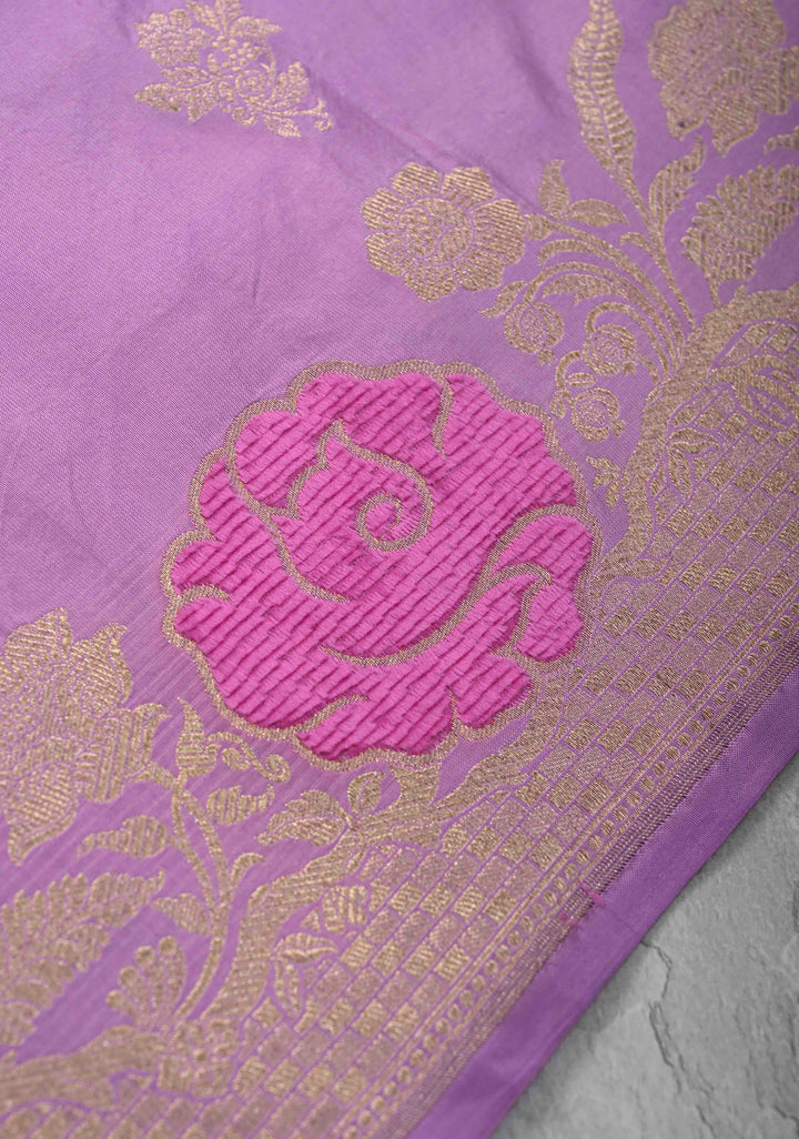 Lavender Mashru Silk Saree with Zari Buttas and Velvet Meenakari Floral Weaving on Border |  SILK MARK CERTIFIED