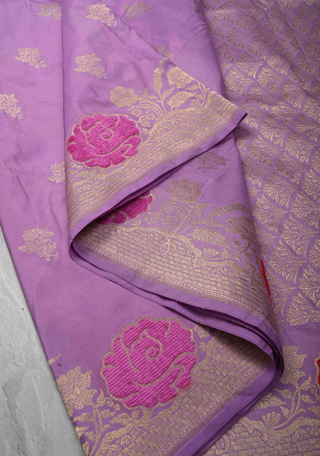 Lavender Mashru Silk Saree with Zari Buttas and Velvet Meenakari Floral Weaving on Border |  SILK MARK CERTIFIED