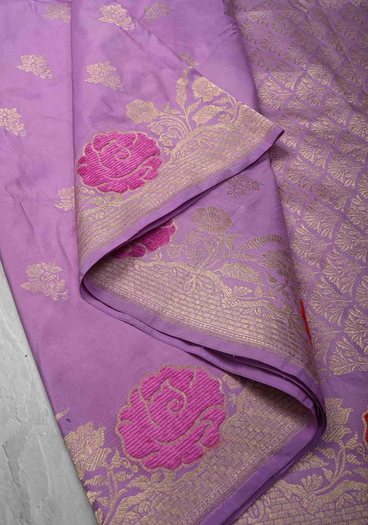 Lavender Mashru Silk Saree with Zari Buttas and Velvet Meenakari Floral Weaving on Border |  SILK MARK CERTIFIED