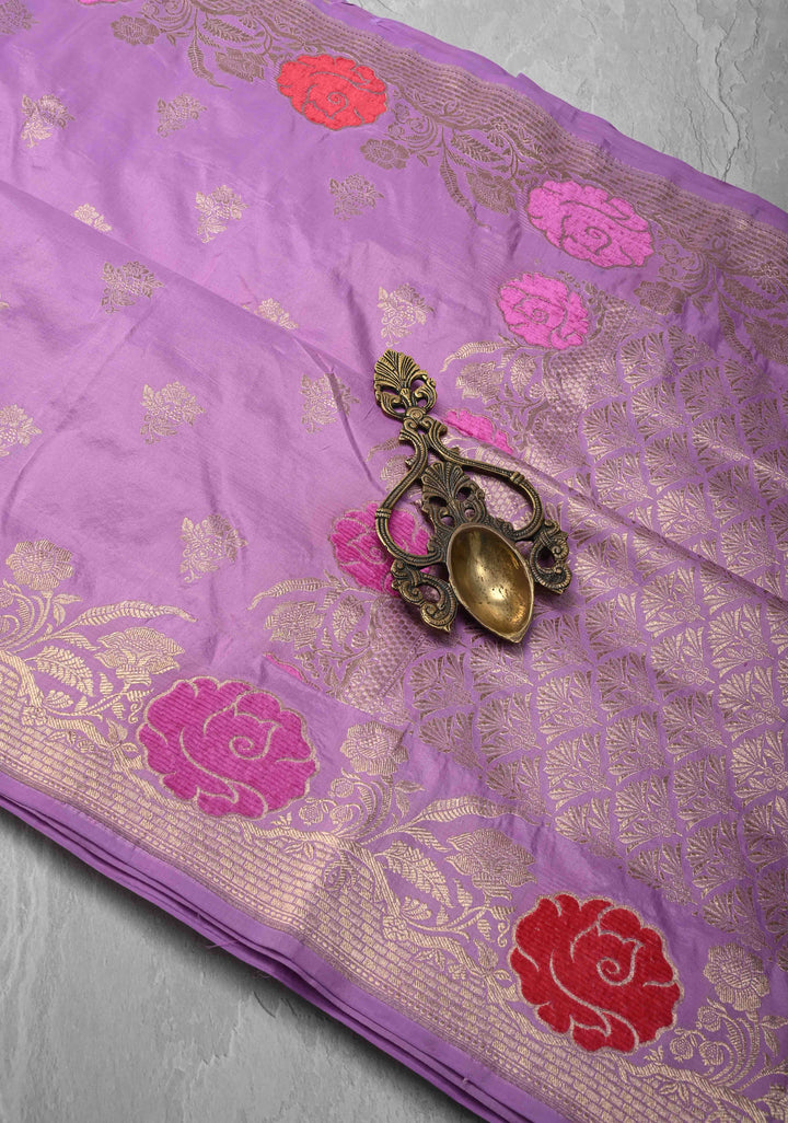 Lavender Mashru Silk Saree with Zari Buttas and Velvet Meenakari Floral Weaving on Border |  SILK MARK CERTIFIED