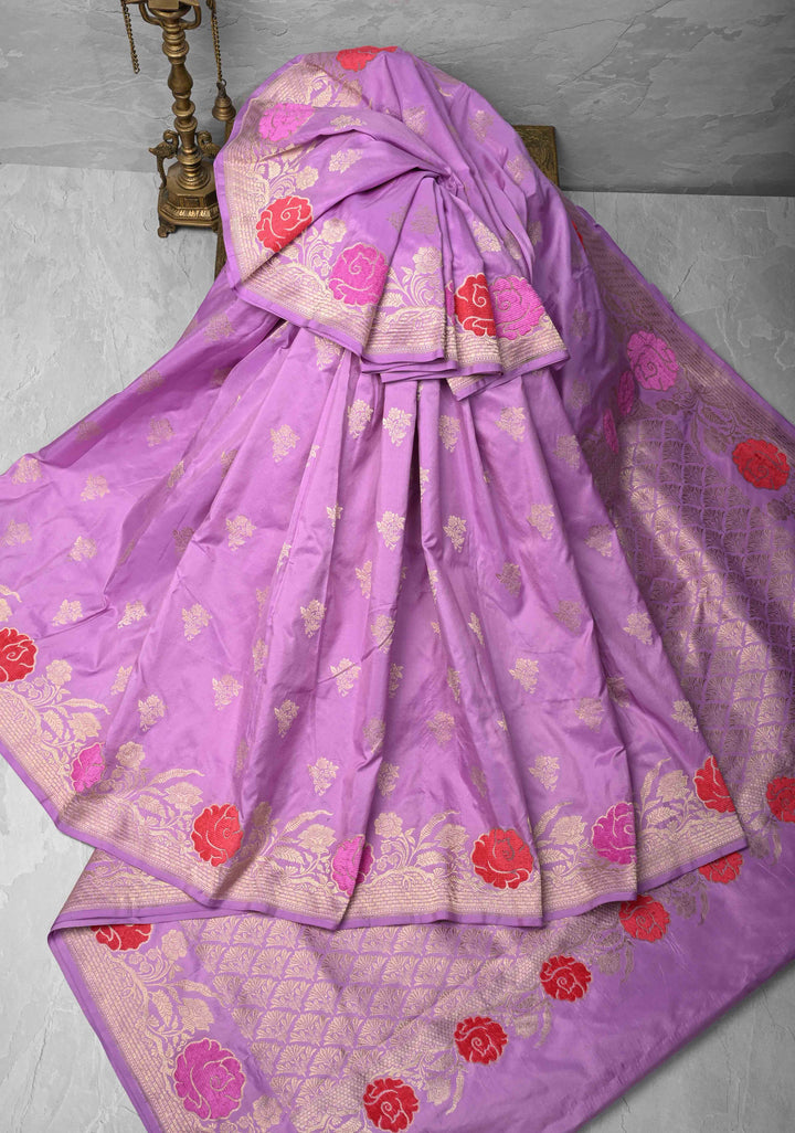 Lavender Mashru Silk Saree with Zari Buttas and Velvet Meenakari Floral Weaving on Border |  SILK MARK CERTIFIED