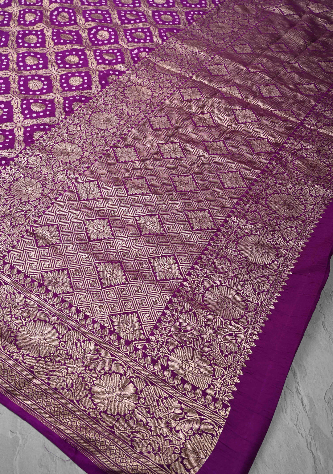 Purple Hand Bandhej on Banarasi Mashru Silk Saree with Zari Jaal and Border | SILK MARK CERTIFIED