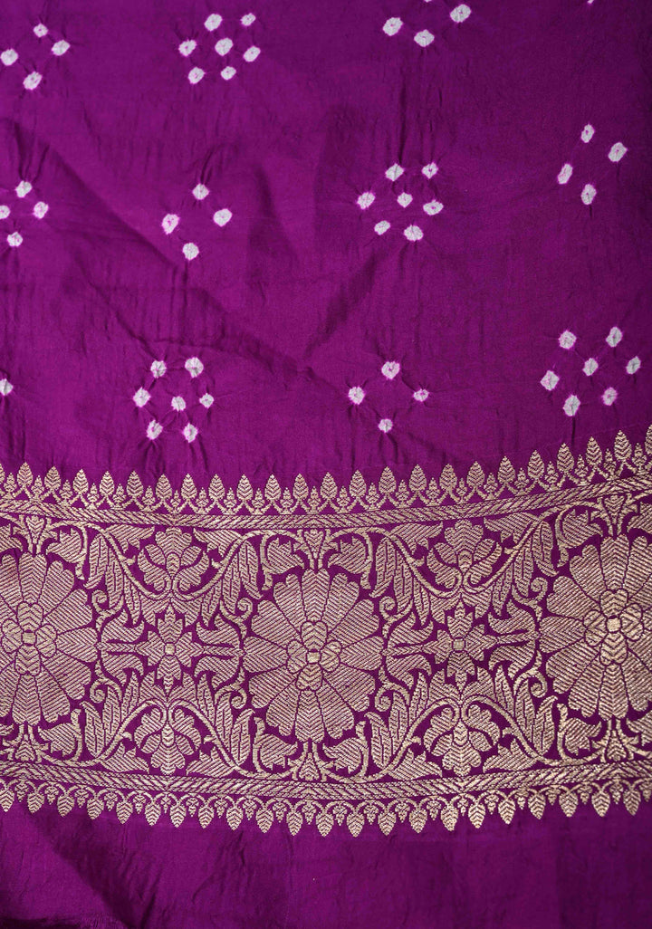 Purple Hand Bandhej on Banarasi Mashru Silk Saree with Zari Jaal and Border | SILK MARK CERTIFIED