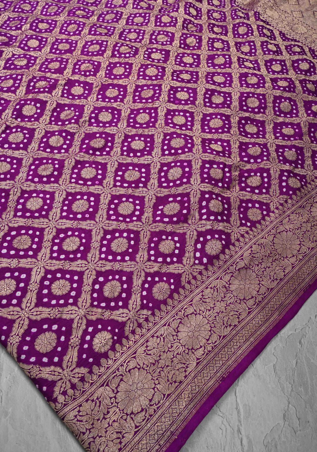 Purple Hand Bandhej on Banarasi Mashru Silk Saree with Zari Jaal and Border | SILK MARK CERTIFIED