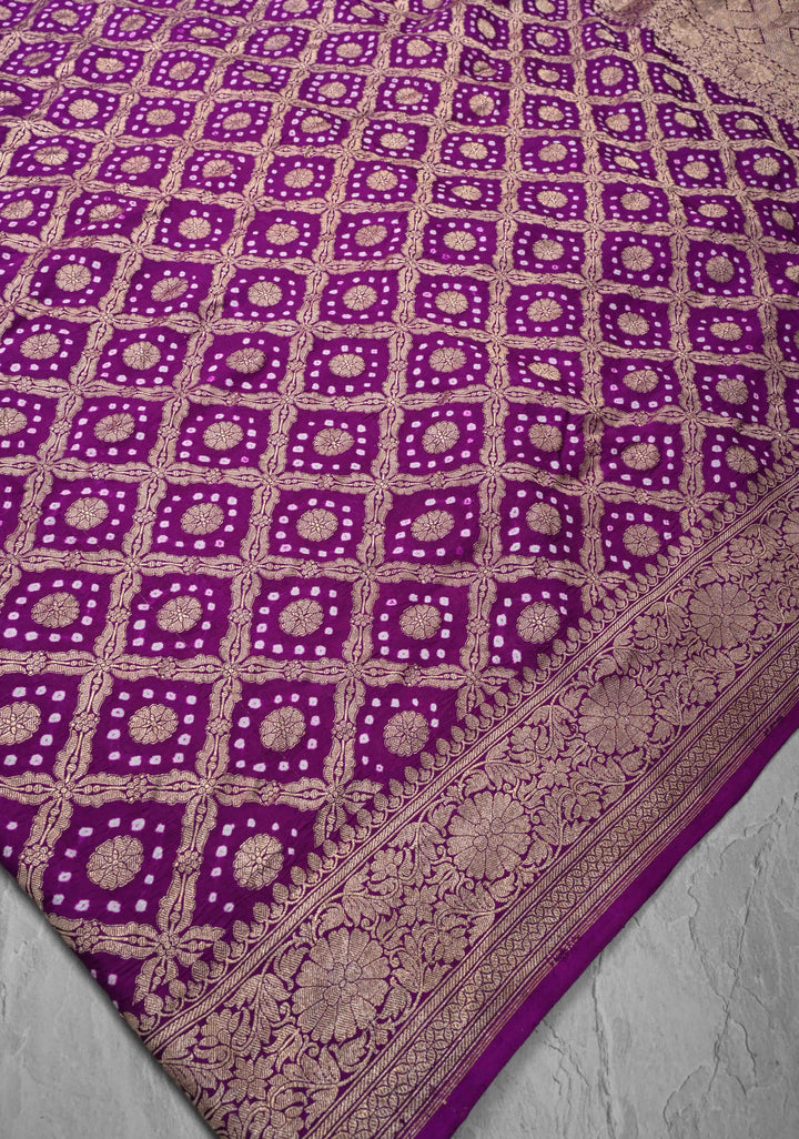Purple Hand Bandhej on Banarasi Mashru Silk Saree with Zari Jaal and Border | SILK MARK CERTIFIED
