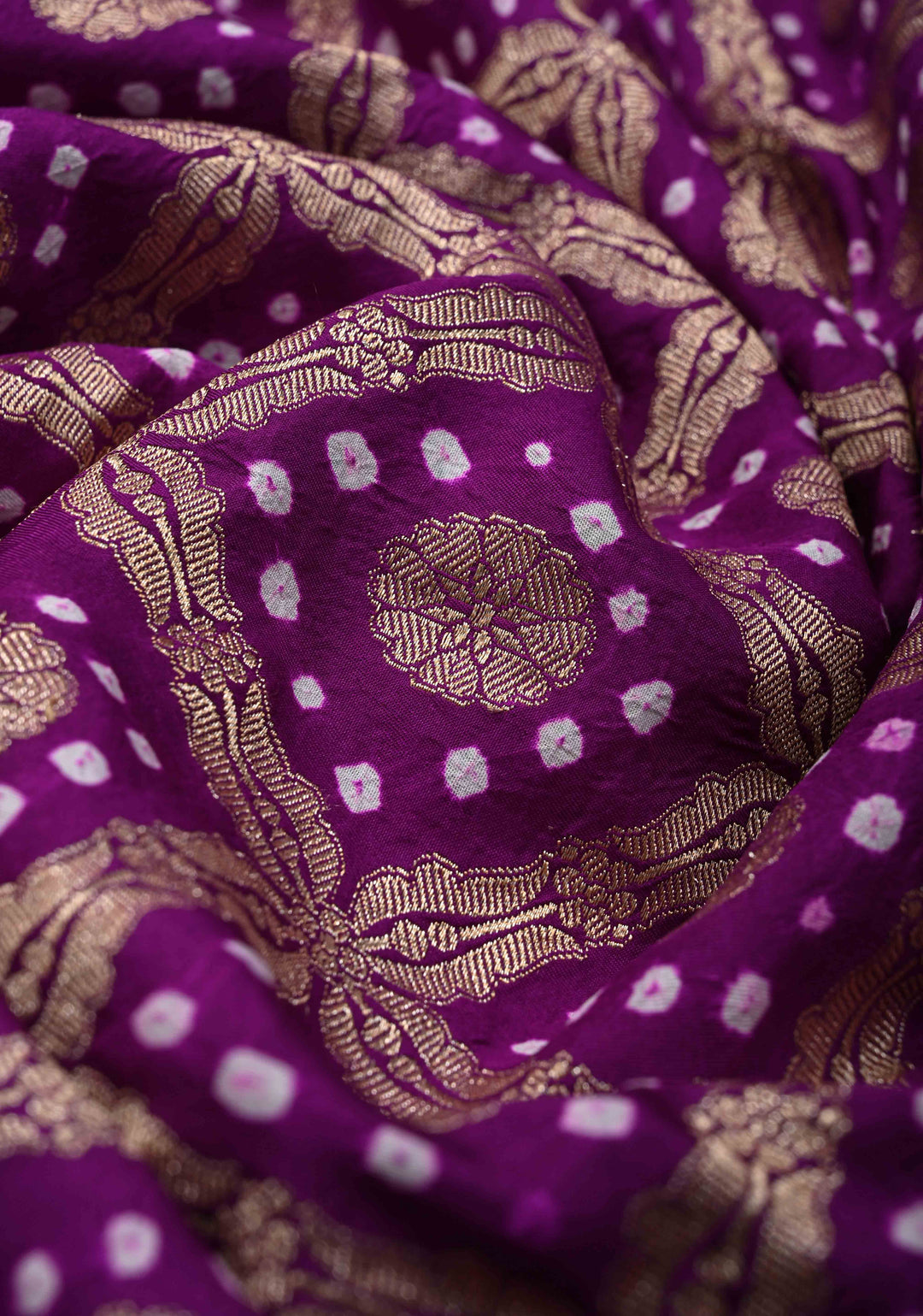 Purple Hand Bandhej on Banarasi Mashru Silk Saree with Zari Jaal and Border | SILK MARK CERTIFIED
