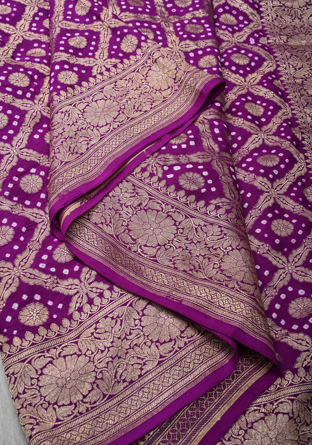 Purple Hand Bandhej on Banarasi Mashru Silk Saree with Zari Jaal and Border | SILK MARK CERTIFIED