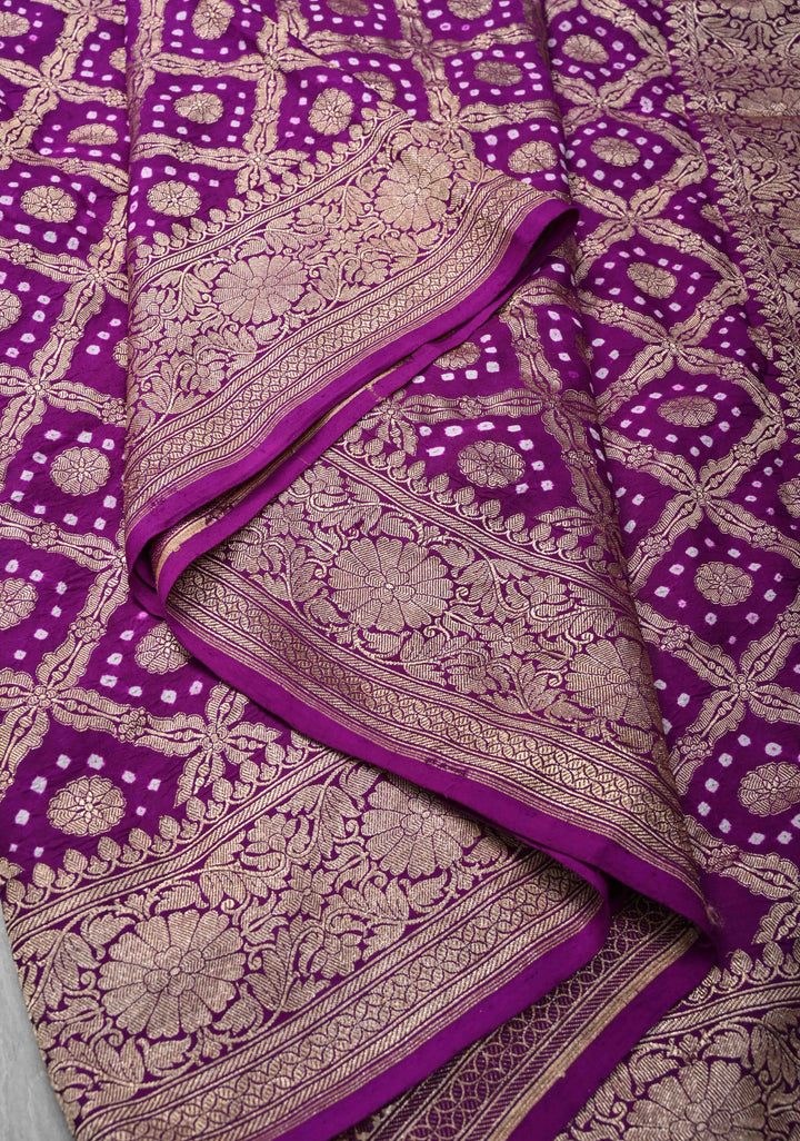 Purple Hand Bandhej on Banarasi Mashru Silk Saree with Zari Jaal and Border | SILK MARK CERTIFIED