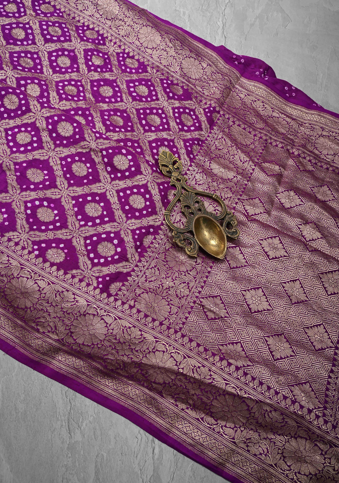 Purple Hand Bandhej on Banarasi Mashru Silk Saree with Zari Jaal and Border | SILK MARK CERTIFIED