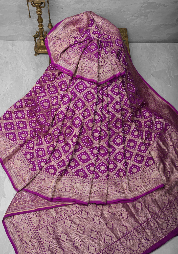 Purple Hand Bandhej on Banarasi Mashru Silk Saree with Zari Jaal and Border | SILK MARK CERTIFIED