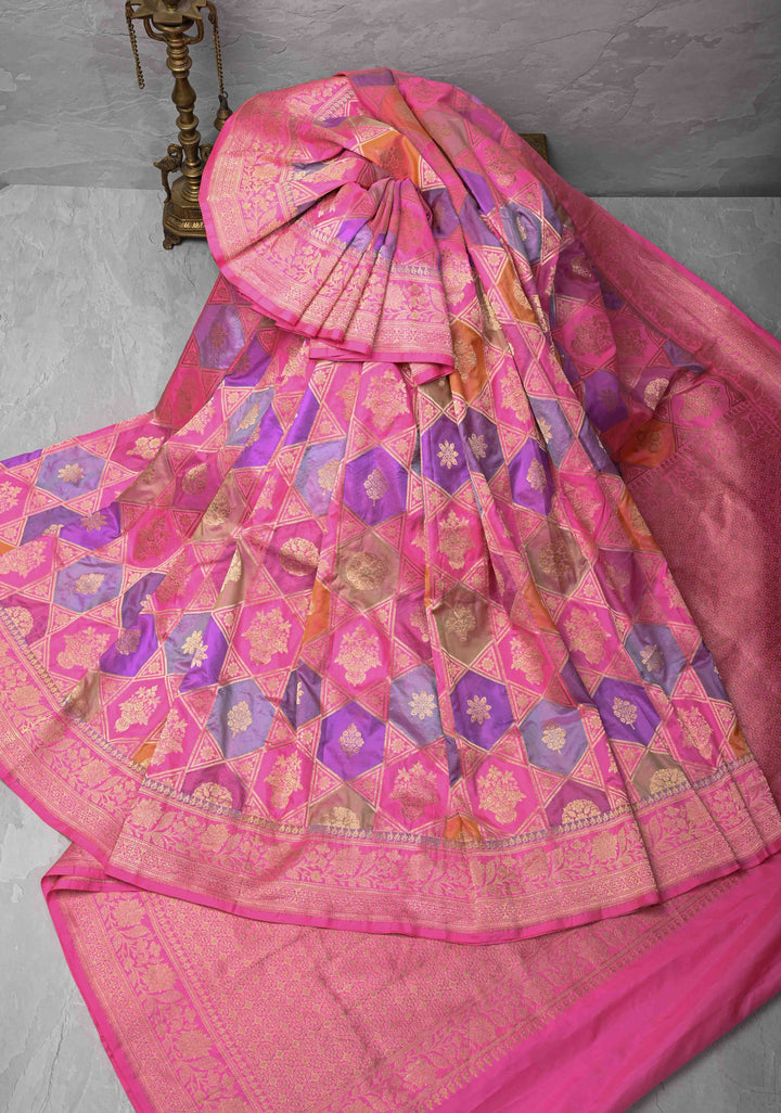 Multicolor Banarasi Katan silk saree with Rangkaat Style Design and Zari Border | SILK MARK CERTIFIED
