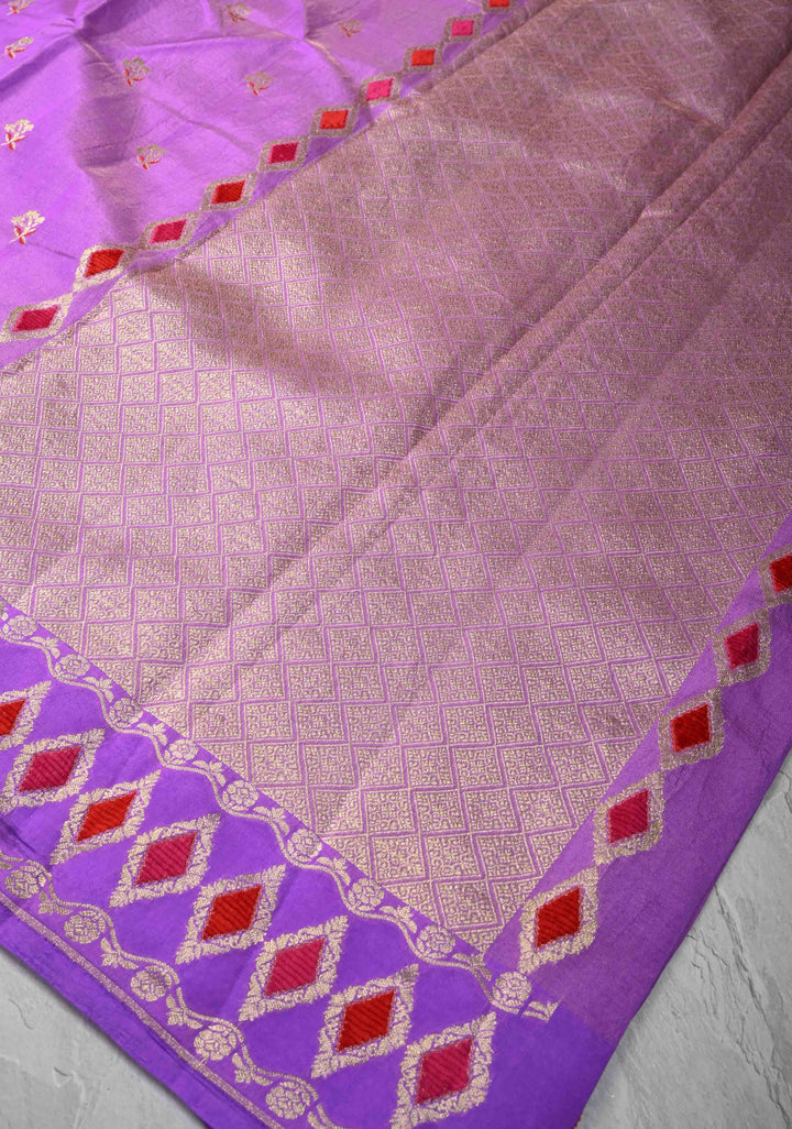 Stunning Lavender Tissue Velvet Weaving on Pure Mashru Silk Saree with Meenakari Zari Butta and Border |  SILK MARK CERTIFIED