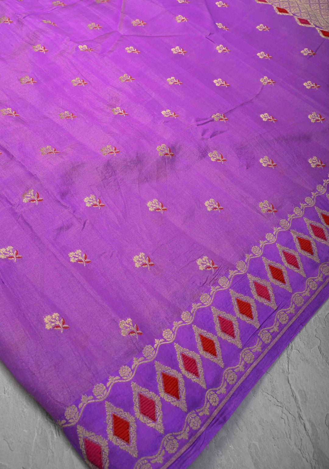 Stunning Lavender Tissue Velvet Weaving on Pure Mashru Silk Saree with Meenakari Zari Butta and Border |  SILK MARK CERTIFIED
