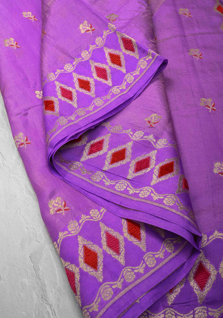 Stunning Lavender Tissue Velvet Weaving on Pure Mashru Silk Saree with Meenakari Zari Butta and Border |  SILK MARK CERTIFIED