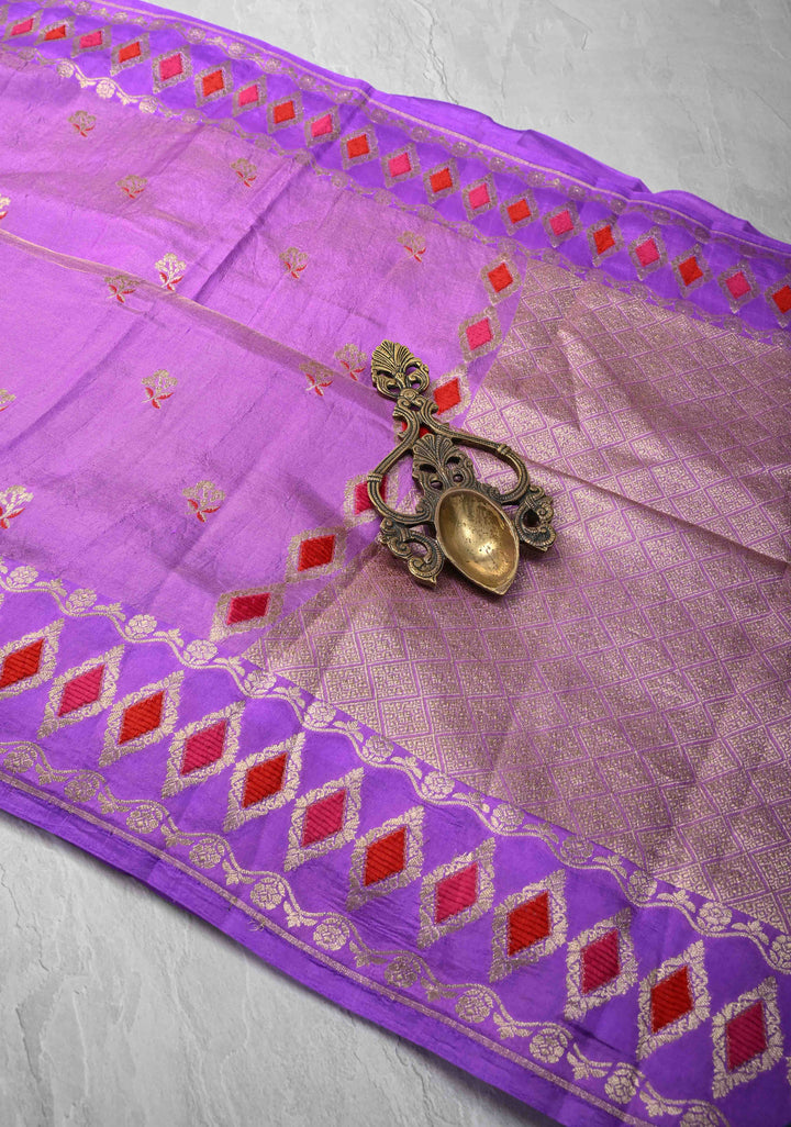 Stunning Lavender Tissue Velvet Weaving on Pure Mashru Silk Saree with Meenakari Zari Butta and Border |  SILK MARK CERTIFIED