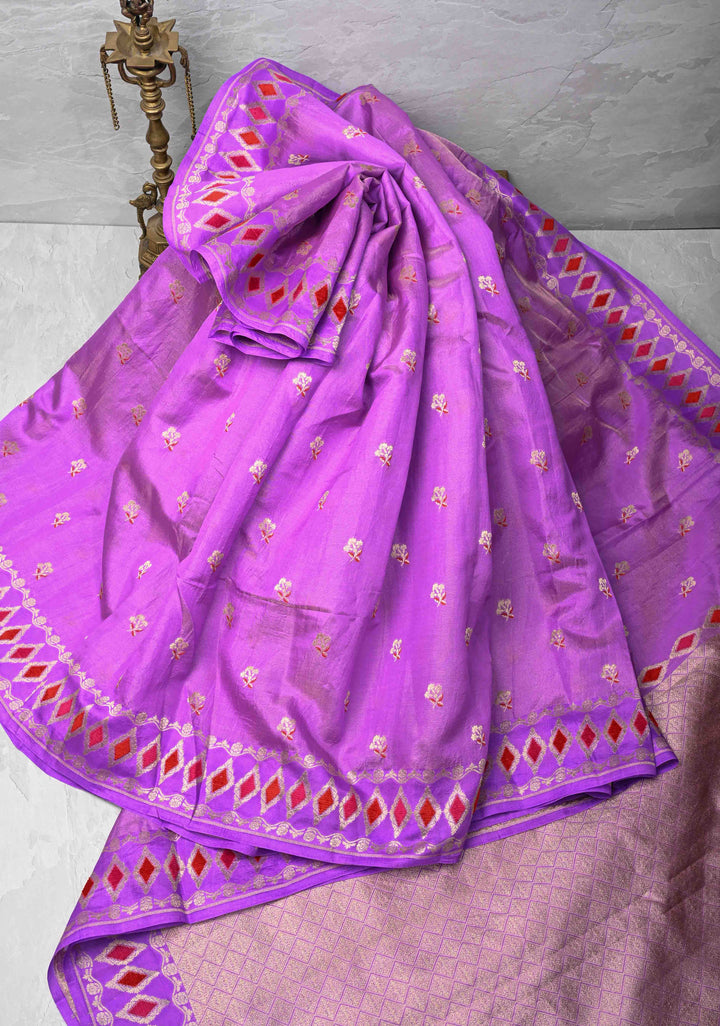 Stunning Lavender Tissue Velvet Weaving on Pure Mashru Silk Saree with Meenakari Zari Butta and Border |  SILK MARK CERTIFIED