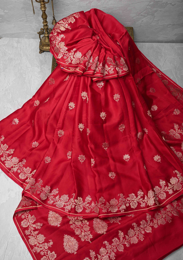 Red Mashru Silk Saree with Zari Buttas and Floral Zari Border |  SILK MARK CERTIFIED