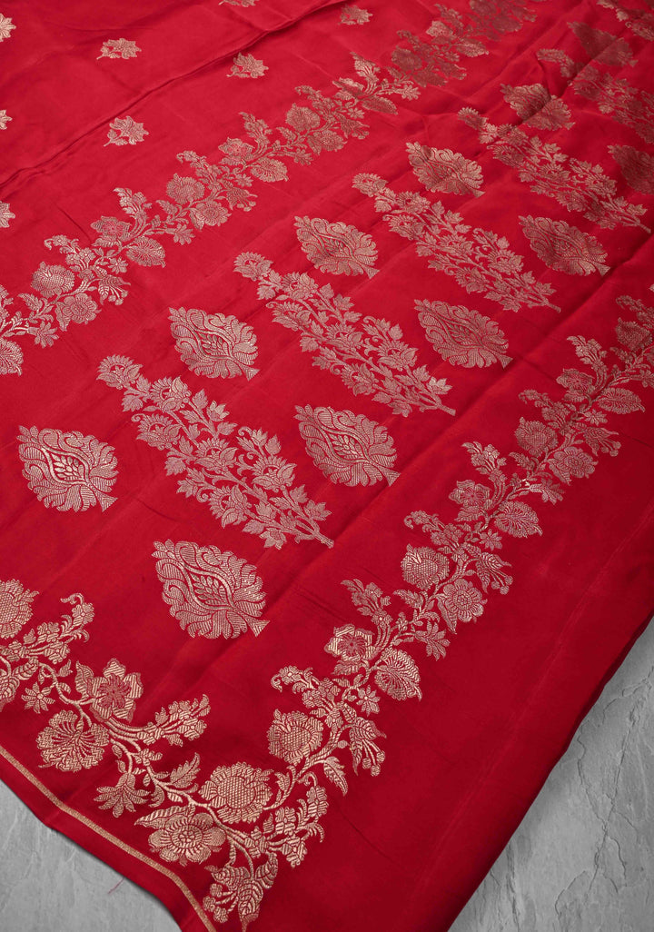 Red Mashru Silk Saree with Zari Buttas and Floral Zari Border |  SILK MARK CERTIFIED