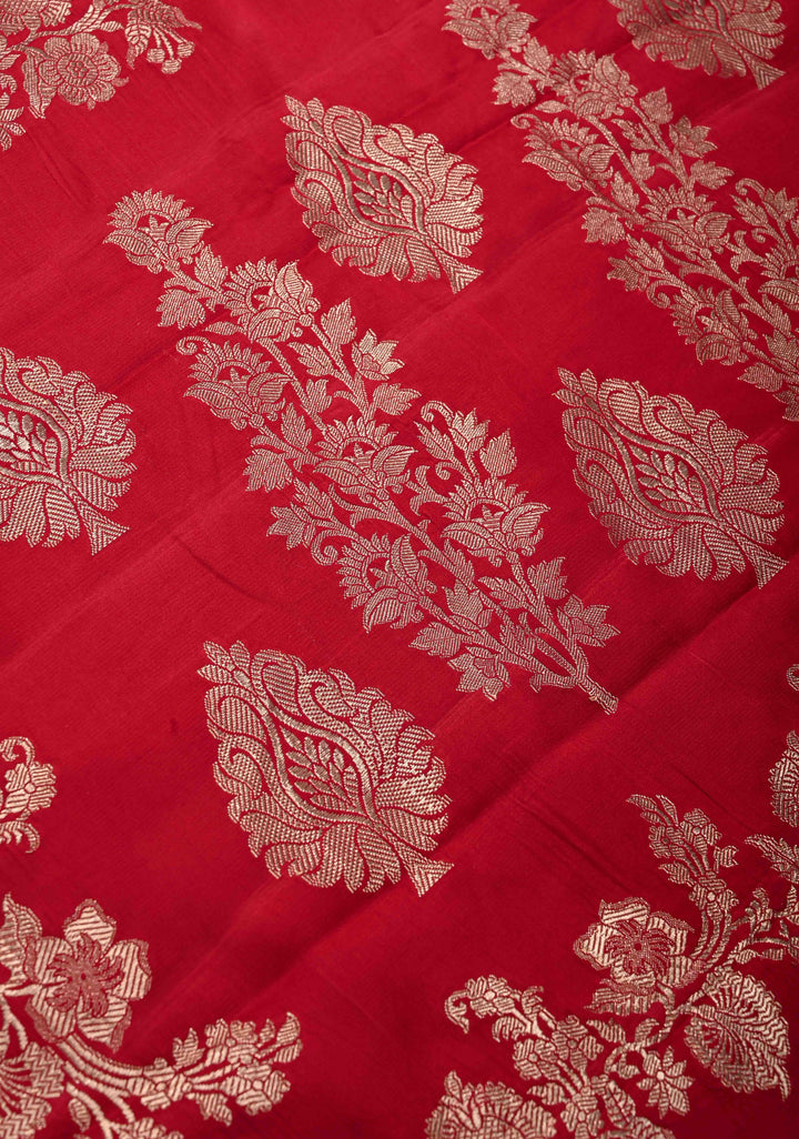 Red Mashru Silk Saree with Zari Buttas and Floral Zari Border |  SILK MARK CERTIFIED