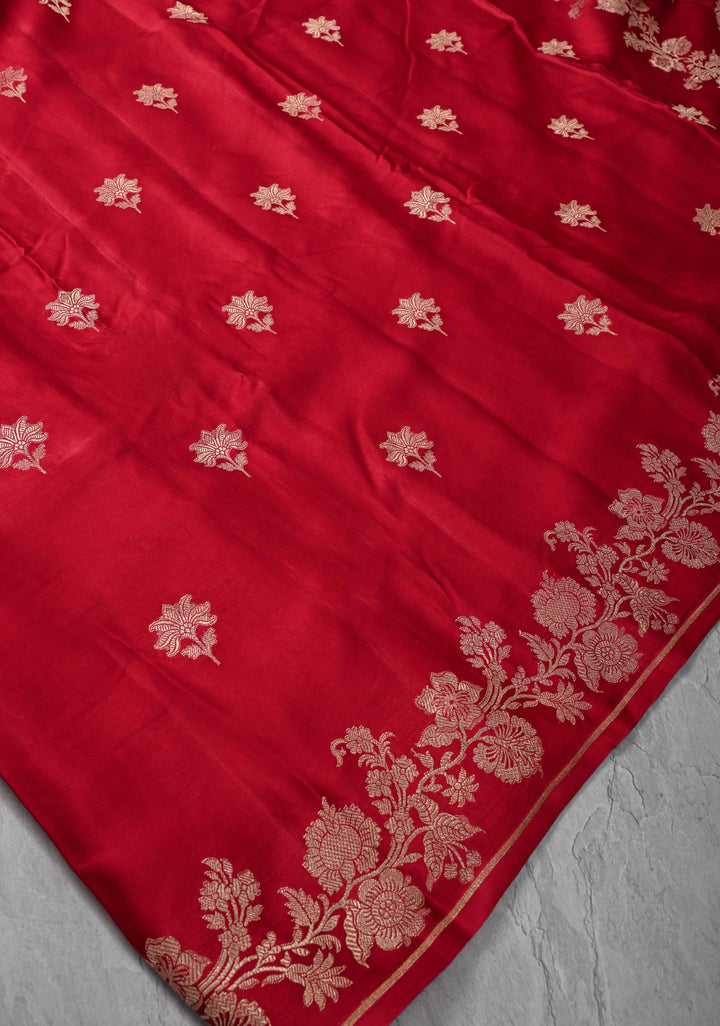 Red Mashru Silk Saree with Zari Buttas and Floral Zari Border |  SILK MARK CERTIFIED