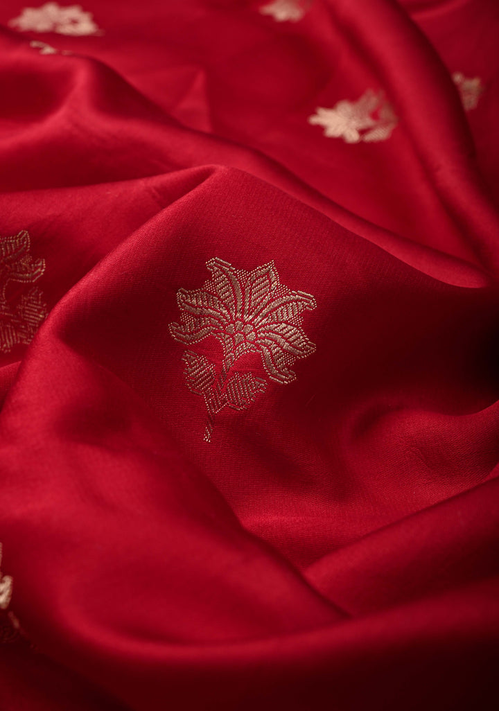 Red Mashru Silk Saree with Zari Buttas and Floral Zari Border |  SILK MARK CERTIFIED