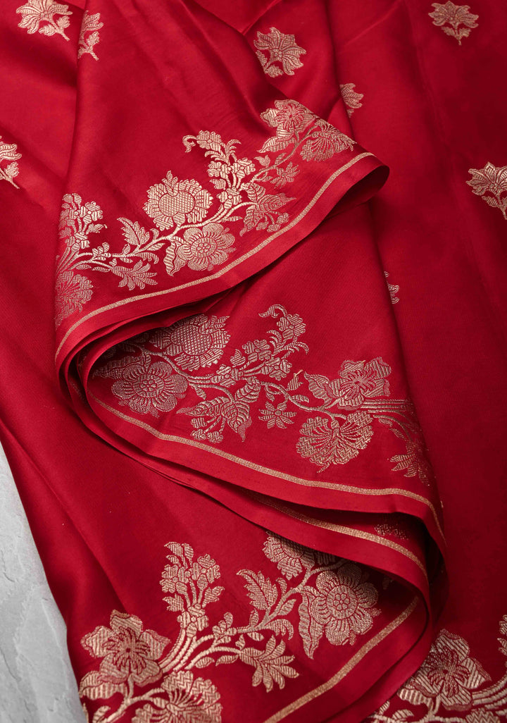 Red Mashru Silk Saree with Zari Buttas and Floral Zari Border |  SILK MARK CERTIFIED