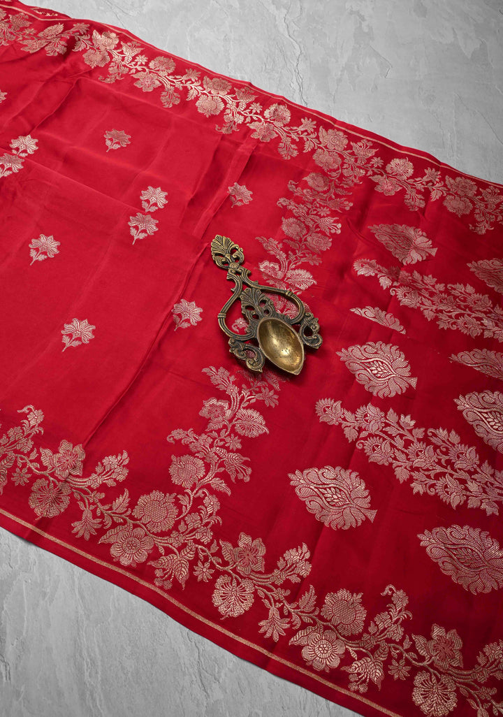 Red Mashru Silk Saree with Zari Buttas and Floral Zari Border |  SILK MARK CERTIFIED