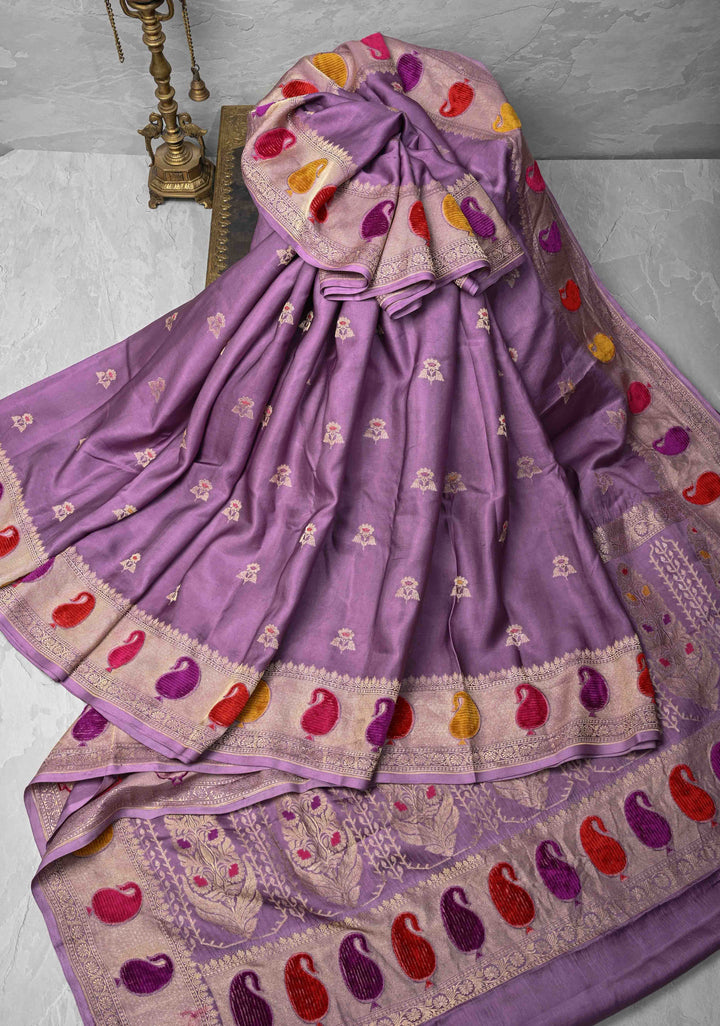 Dusty Lavender Meenakari Velvet Weaving Pure Mashru Silk Saree with Floral Zari buttas and Paisley Border |  SILK MARK CERTIFIED