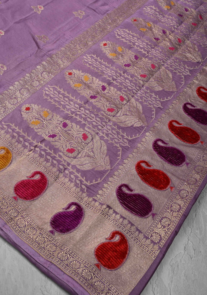 Dusty Lavender Meenakari Velvet Weaving Pure Mashru Silk Saree with Floral Zari buttas and Paisley Border |  SILK MARK CERTIFIED