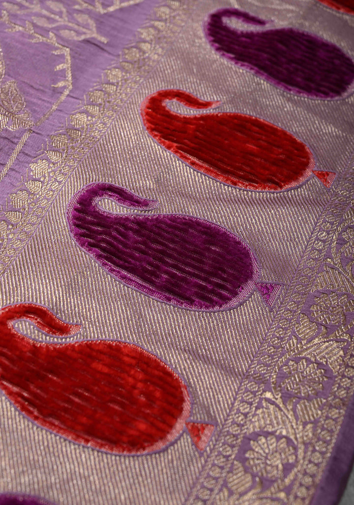 Dusty Lavender Meenakari Velvet Weaving Pure Mashru Silk Saree with Floral Zari buttas and Paisley Border |  SILK MARK CERTIFIED