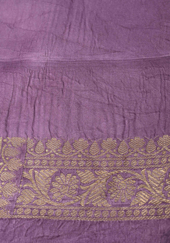 Dusty Lavender Meenakari Velvet Weaving Pure Mashru Silk Saree with Floral Zari buttas and Paisley Border |  SILK MARK CERTIFIED
