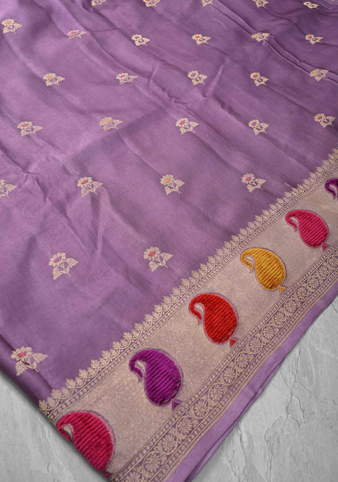 Dusty Lavender Meenakari Velvet Weaving Pure Mashru Silk Saree with Floral Zari buttas and Paisley Border |  SILK MARK CERTIFIED